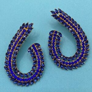 Blue Crystal & Gold Tone Sparkly Spiral Statement Earrings